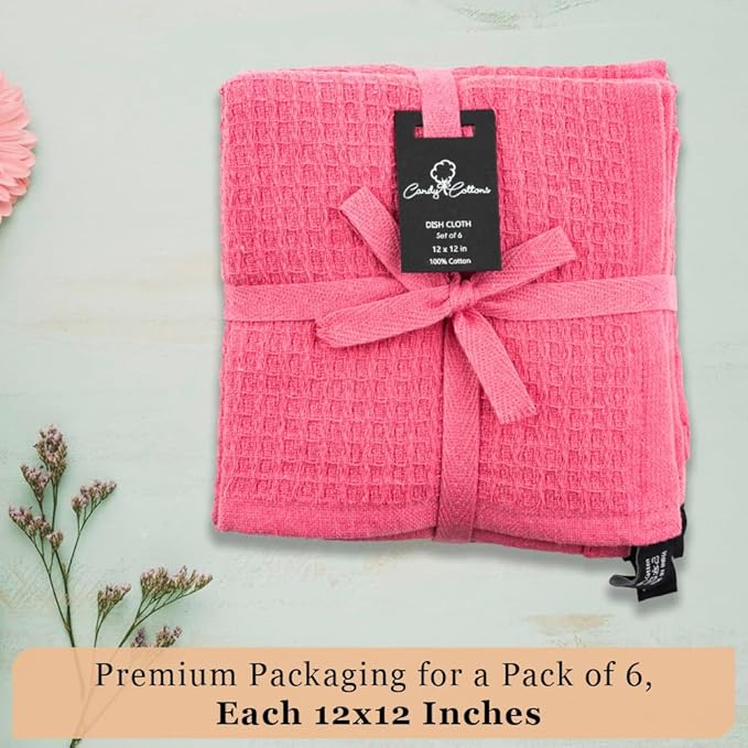 Kitchen Cleaning Dish Wash Cloths Waffle Terry Design Kitchen DishCloths|Washable 12x12 Cotton Dish Rags for Drying Dishes|Counter Top Barista Dust Wipes|Spring Easter Basket Decor| 6 Pc Set- Pink
