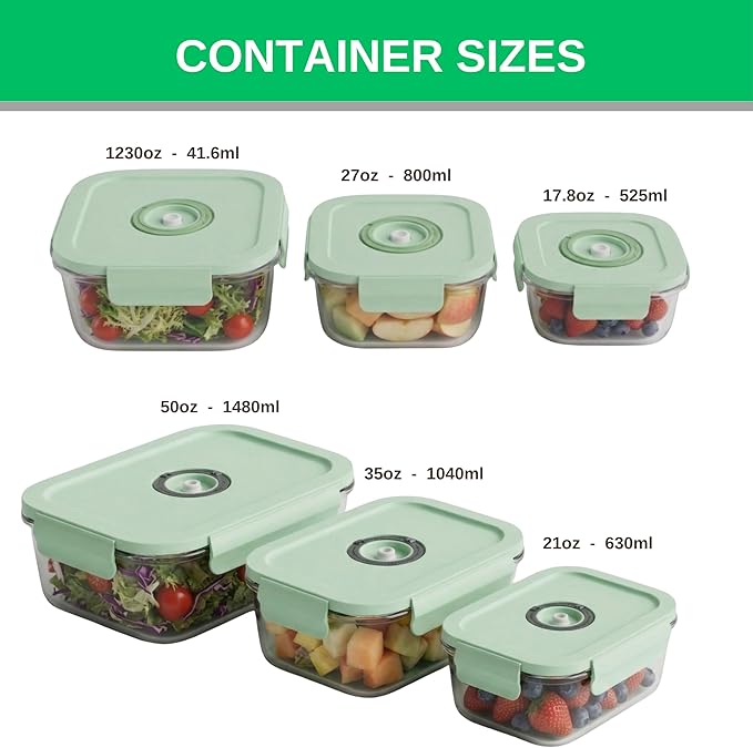 Glass Vacuum Sealable Container Set 6 Containers, 10 Bags, Hand Pump