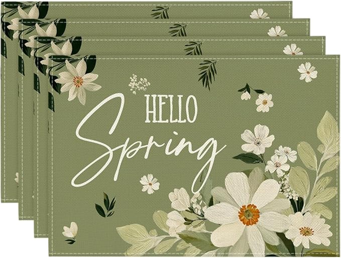 Artoid Mode Olive Green Hello Spring Daisy Flowers Spring Placemats Set of 4, 12x18 Inch Seasonal Holiday Table Mats for Party Kitchen Dining Decoration
