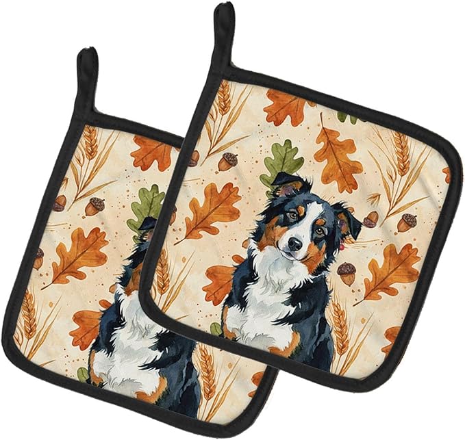 Caroline's Treasures Black Tri American Shepherd Heirloom Fall Pair of Pot Holders Pair 7.5x7.5 Quilted Insulated Hot Pads Decorative Kitchen Gift Made in USA