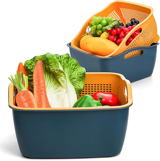 Jucoan 2 Pack 9 & 8 Quart Large Kitchen Strainer Colander Bowl Set, Double-Layer Plastic Fruits Vegetable Washing Basket, Drain Bowls for Cleaning Washing Mixing, Detachable (Blue, Orange)