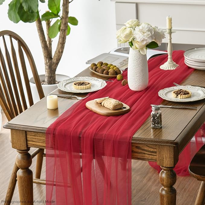 Artoid Mode 3PCS Red Gauze Table Runner 120 Inch 10FT, Seasonal Sheer Kitchen Dining Holiday Wedding Birthday Baby Shower Table Decor for Home Party