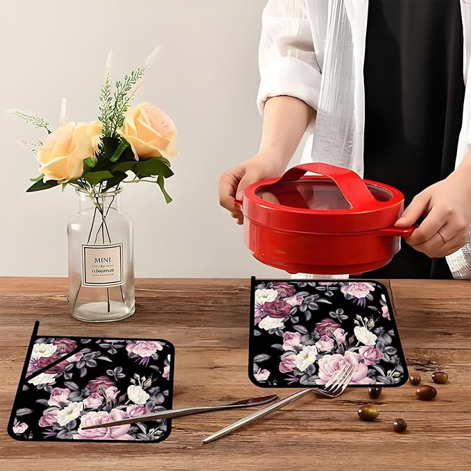 Vintage Rose Peony Pot Holders 2 PCS,Kitchen Heat Resistant Hot Pads for Cooking Grilling Baking BBQ, Pot Holders for Women Cook Home Microwave