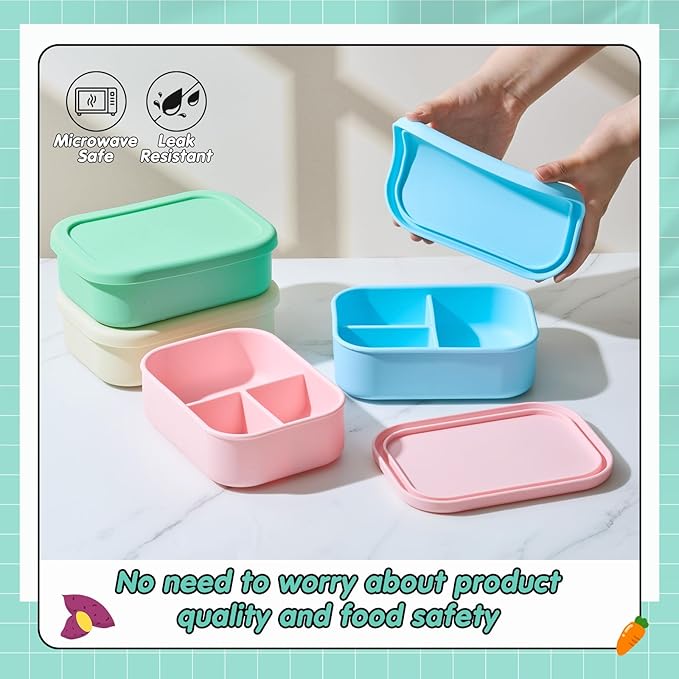 Layhit 4 Pcs Silicone Bento Box for Adults, 27 oz Bento Lunch Container Reusable 3 Compartment Lunchable Food Container for Women Men, Leak Proof Microwave Dishwasher Freezer Safe (Mint Colors)