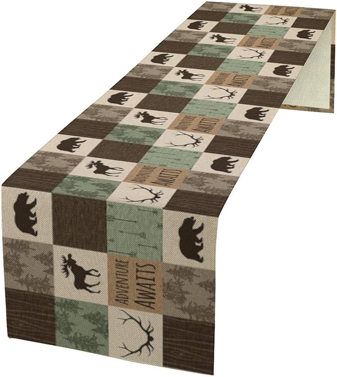 Bear Deer Table Runner, Vintage Rustic Farmhouse Hunting Cabin Art Printed Runner for Home Kitchen Dining Table Living Room Decor Fabric 1 Panel W13xL90in