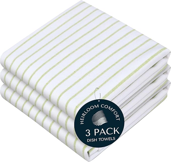 Lemon Green Stripe Kitchen Towels (3 Pack), 100% Cotton, Classic Striped, Super Absorbent & Durable Dish Cloths, Quick Dry Towel Set for Drying Dishes, Everyday Kitchen Cleaning