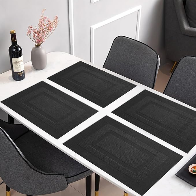 PIGCHCY Placemats Set of 12 Washable Durable Place Mats Vinyl Heat Resistant Non-Slip Table Mats Indoor Outdoor (Pure Black)