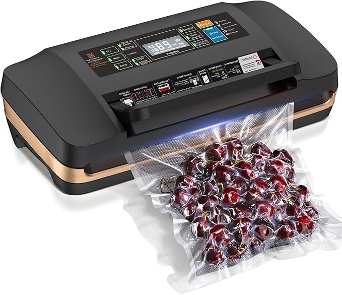 95kpa Vacuum Sealer Machine,Commercial Full Automatic Food Sealer,Powerful Sealing System with Double Heat Seal,Bags Storage,Easy-Lock Handle,Build-in Cutter,1 Bag Rolls and 10 pcs Pre-cut Bags(Black)