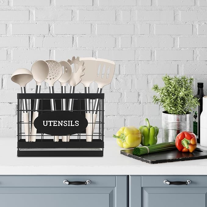 Magnetic Utensil Holder for Fridge Large Silverware Organizer Kitchen Utensil Organizer with Draining Kitchen Counter Sturdy Black Metal Cooking Caddy Storage for Silicone Spatula Fork Spoon