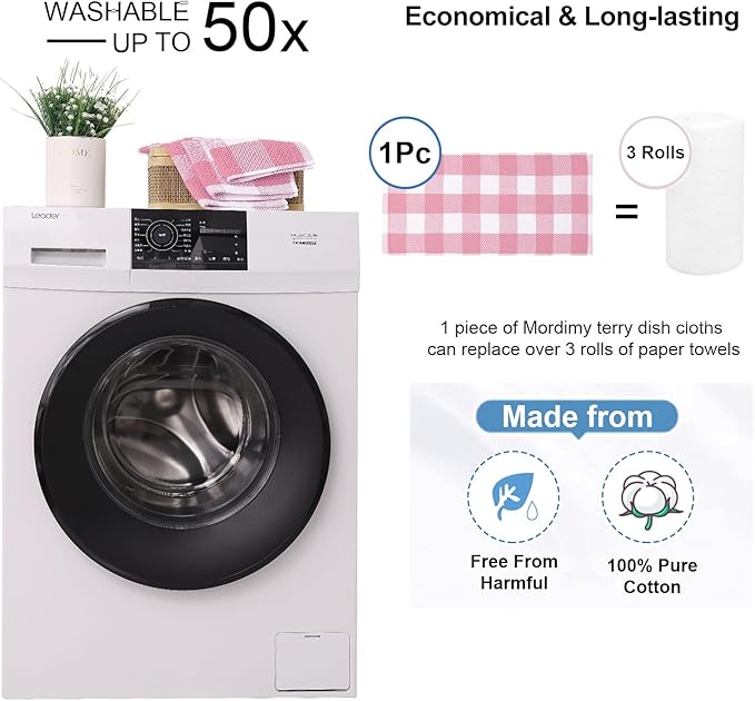 Mordimy 100% Cotton Waffle Weave Kitchen Towels, 13 x 28 Inches, Super Soft and Absorbent Buffalo Check Dish Towels for Drying Dishes, 4-Pack, Pink