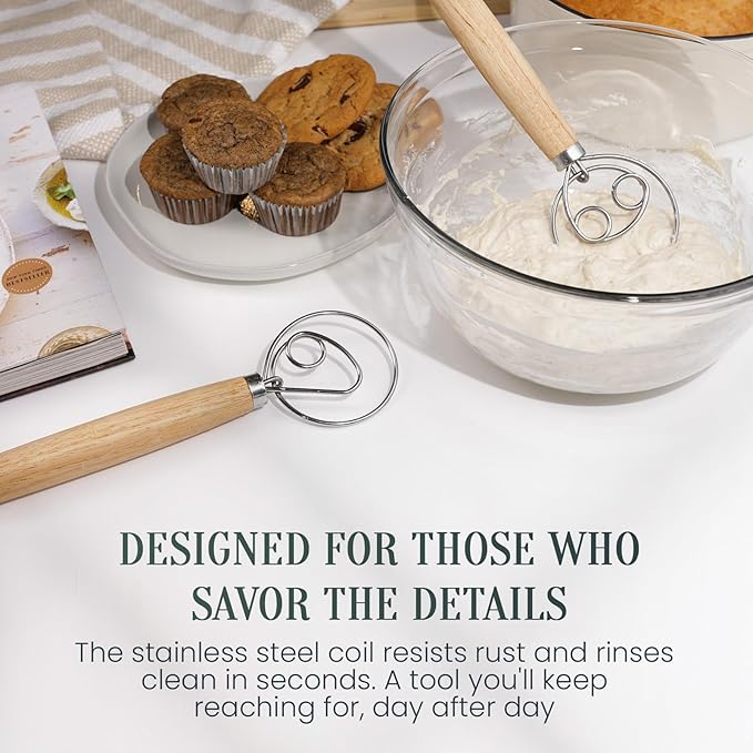 Danish Dough Whisk, Sourdough Bread Whisk with Wooden Handle, 13-Inch Stainless Steel Single Loop Dough Mixer for Bread Making, Pizza Dough, Batter and Pastry