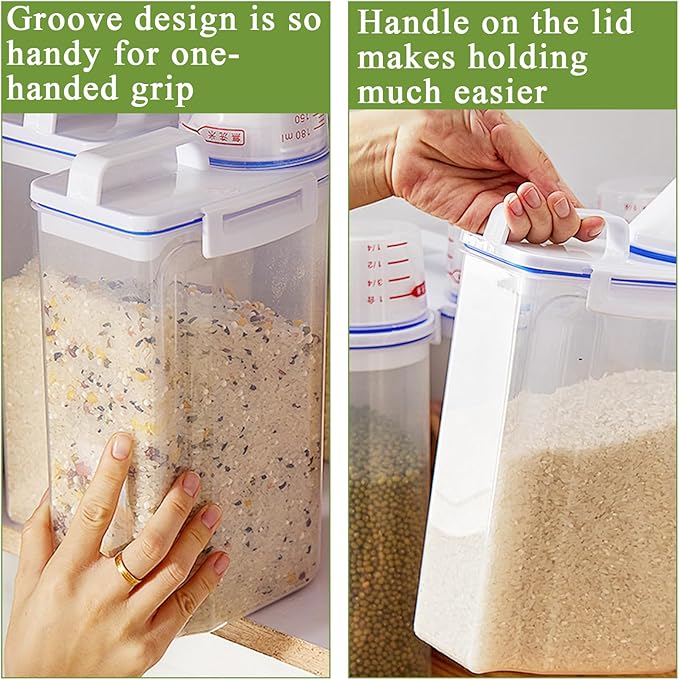 AKOLAFE 4 Pack Flour Container 5LB Pantry Food Storage Containers with Lids Airtight & Measuring Cup Small Air Tight Rice Holder Bin Plastic Cereal Grain Dispenser Kitchen for Sugar Dry Goods Pet Food