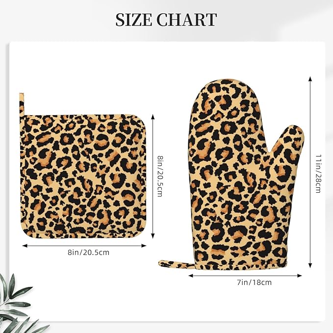 Brown Leopard Print Animal Skin Oven Mitts and Pot Holders 4 pcs Set Silicone Cheetah Print Kitchen Oven Mitt Gloves Pot Holders Non-Slip Heat Resistant Cooking Mitts Set for Kitchen Baking