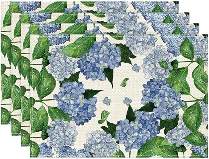 Artoid Mode Watercolor Hydrangea Placemats for Dining Table, 12 x 18 Inch Spring Summer Seasonal Decoration Rustic Washable Table Mats Set of 4 Purple