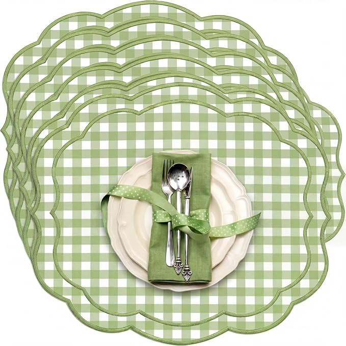 Breling Set of 6 Green Gingham Placemats Scalloped Embroidered Cotton Linen Placemats 17" x 13" Double Layered Machine Washable Table Place Mat for Wedding Birthday Baby Shower Party Table Decor
