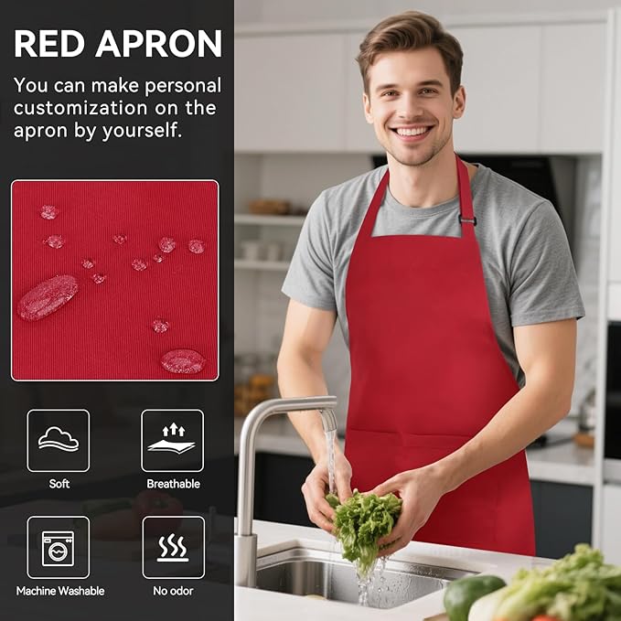 NLUS 2 Pack Kitchen Aprons with 2 Pockets for Women Men, Chef Aprons for Baking BBQ Cooking, Red