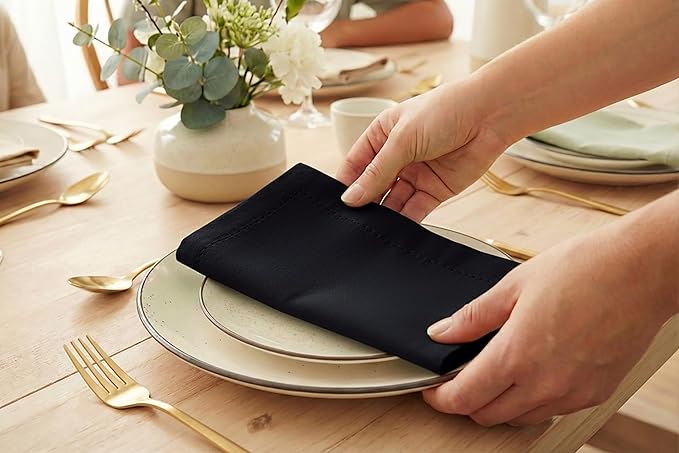 PurpleEssences Set of 12 Hemstitch Cloth Dinner Napkins 100% Cotton - Soft Durable Washable - Ideal for Wedding Spring Easter Summer - Perfect Everyday Use Table Linen 18x18 - Black