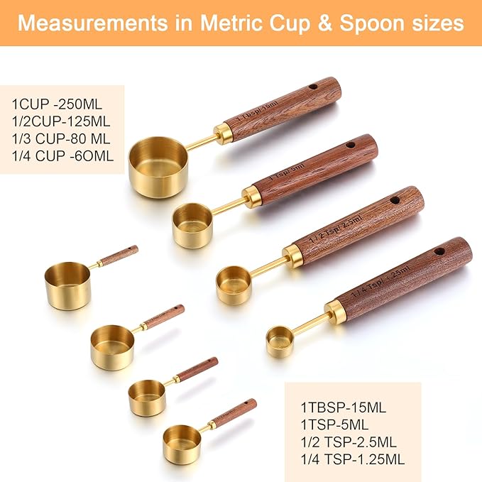 8Pcs Measuring Cups and Spoons Set, Gold Stainless Steel Measuring Cups with Wooden Handle, Nesting Measure Spoons and Cup Kitchen Measure Set for Kitchen/Food/Baking