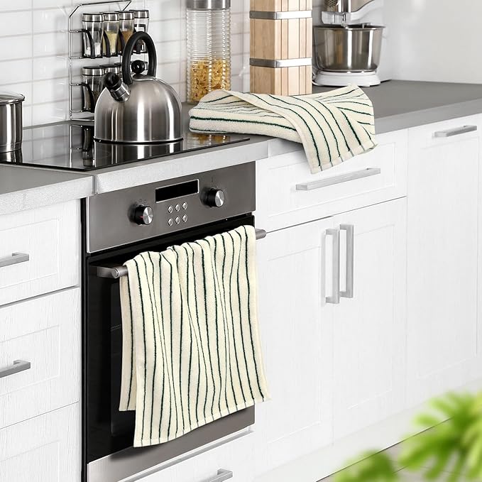 Jacquotha Green Striped Hand Towels for Kitchen, Vintage Bathroom Decor, Natural Cotton Tea Towel, 14” x 29”
