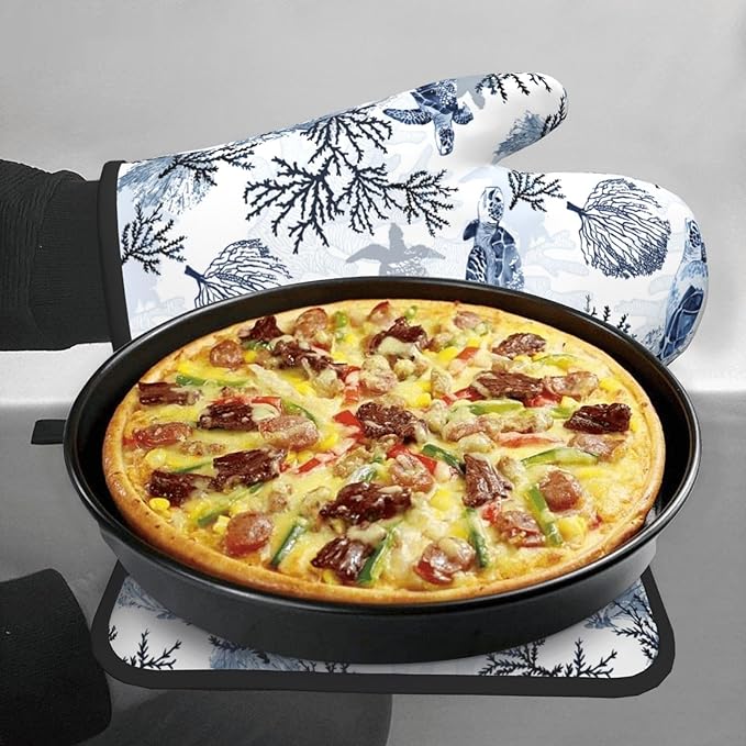 Navy Blue Ocean Sea Turtle Oven Mitts and Pot Holders Sets of 3, Heat Resistant Non-Slip Gift for Cooking Enthusiasts, Coastal Beach Nautical Coral Kitchen Gloves for Baking BBQ Cooking Grilling Decor