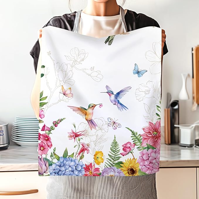 Spring Summer Bird Floral Tea Towels, Cotton Kitchen Towel 18.9 × 27.5 inch, Quick Drying Dish Cloth for Party Anniversary Holiday Decoration, Housewarming Gifts for Mom