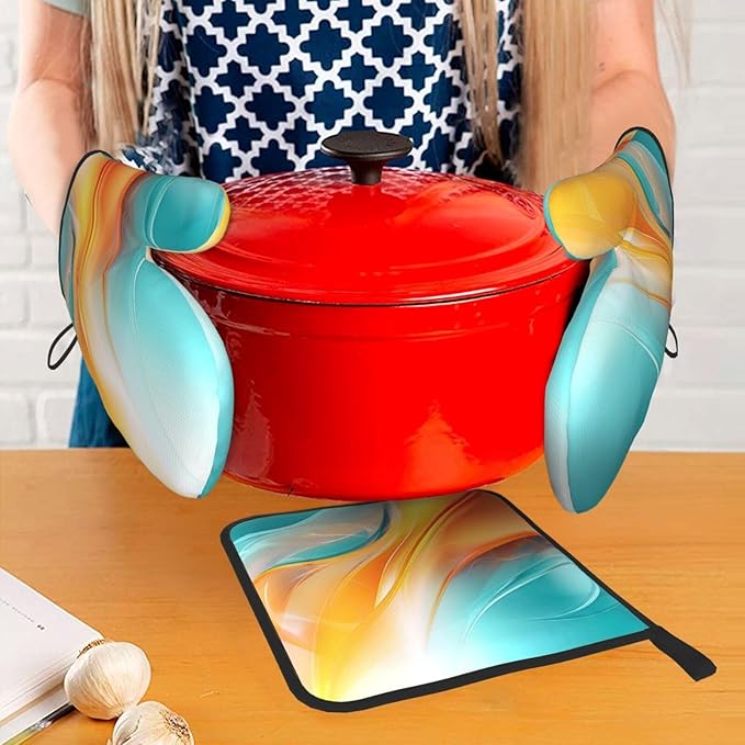 Turquoise Orange Abstract Art Oven Mitts & Pot Holders Sets of 3, Heat Resistant Teal Burnt Orange Modern Kitchen Gloves and Hot Pads for Kitchen Cooking Grilling, Baking Gifts for Women, Home Decor