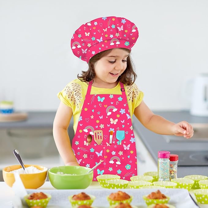 Kids Chef Hat and Apron, Adjustable Kids Aprons with Pocket Girls Boys Kitchen Toddler Aprons for Cooking Baking