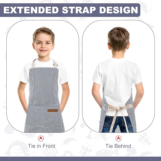 2 Pack Stripes Kids Apron, Kids Cooking Aprons with 2 Pockets, Cute Aprons for Cooking for Boys and Girls