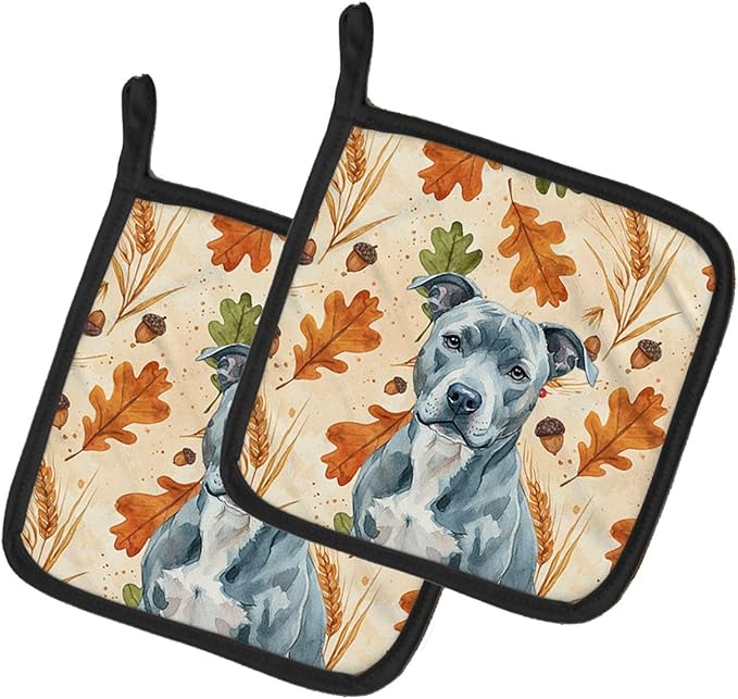 Caroline's Treasures Blue American Staffordshire Terrier Heirloom Fall Pair of Pot Holders Pair 7.5x7.5 Quilted Insulated Hot Pads Decorative Kitchen Gift Made in USA
