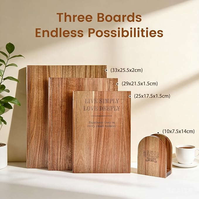 Cutting Board Set of 3, Acacia Wood Chopping Board with Stand, Charcuterie Kitchen Boards with Book‑Style Design for Cheese, Meat and Vegetables
