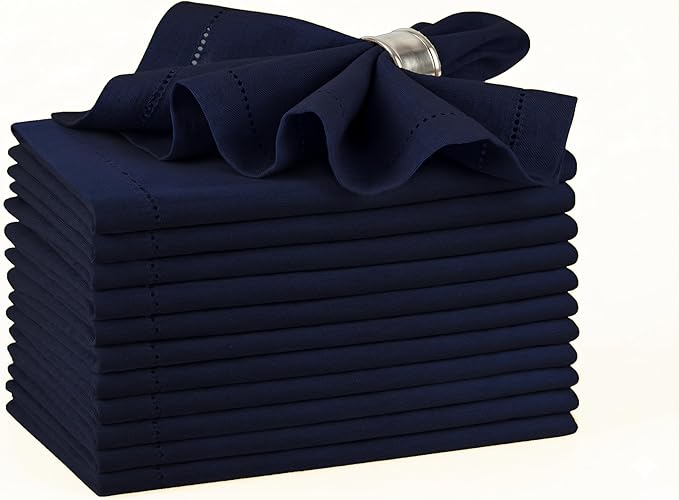 Palisa Navy Cotton Napkins Set of 12 | Premium Hemstitch Detailing Cloth Dinner Napkins 18x18 Inch | Soft Washable & Reusable Table Napkins for Everyday Use Weddings Parties Restaurants & Hotels