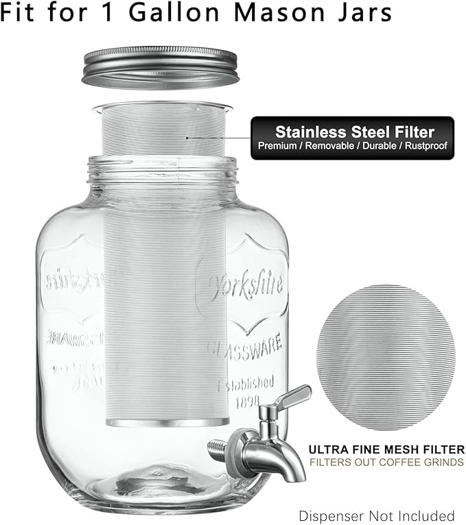 Cold Brew Coffee Filter for 1 Gallon Mason Jars, Made with Stainless Steel, Fine Mesh Filter for Large Batch Cold Brewing, 1 Gallon Mason Jar Filter Crafted to Make Iced Coffee & Tea and Sun