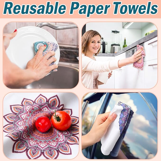 Redbaker 30 Pcs Reusable Paper Towels Rolls Kitchen Towels Bulk Washable Paperless Cloth Cotton Hand Napkins with Cardboard Reusable Napkins for Kitchen Bathroom (Mandala)