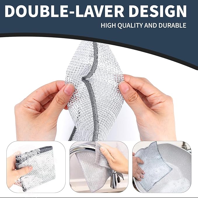 10 Pcs New Upgrade Steel Wire Dishcloth,Double-Layer Steel Wire Cleaning Cloth,Powerful Cleaning Non-Scratch Wire Dishcloth Rag for Cookware, Sinks, Dishes, Stove Tops (7.87 '' x 7.87 ''