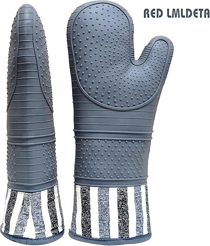 RED LMLDETA Heat Resistant 550 Degree Oven mitt, Silicone Oven Hot Mitts - 1 Pair, Extra Long Professional Baking Oven Gloves - Food Safe,Pot Holders Cooking,Grilling,Kitchen (Grey Mittens)