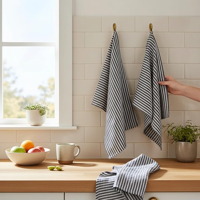 Eight Owls Stonewashed Linen Kitchen Dish Towels - 20 x 27 inch – 100% Pure Linen Tea Towel/Hand Towel - Set of 2 (Navy Stripe)