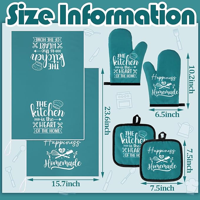 Sratte 6 Pcs Kitchen Decor Accessories Set Farmhouse Towels Pot Holders Oven Mitts Set 2 Dish Towels 2 Potholders 2 Cooking Mittens Oven Glove for Christmas Baking Cooking Supply(Teal,Kitchen)