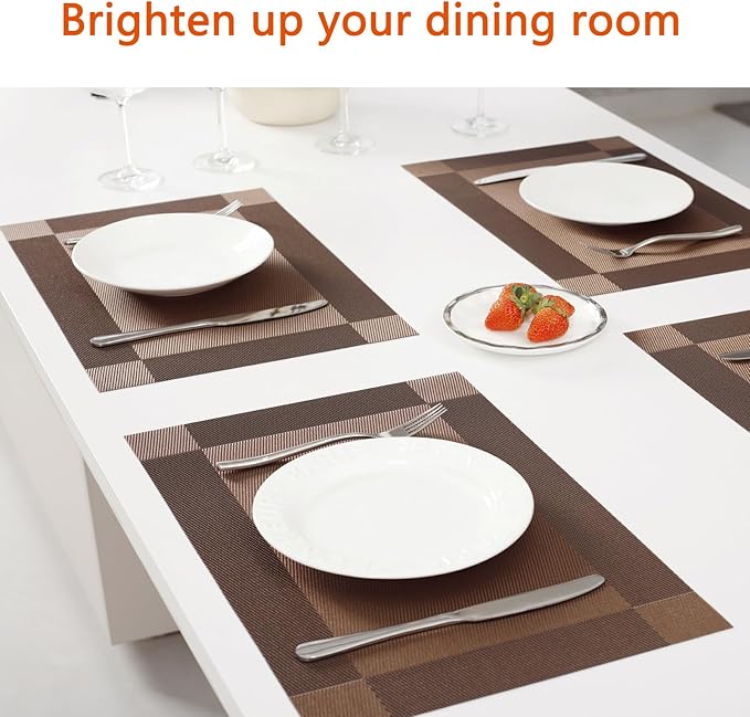 Placemats Set of 12 Washable&Wipeable Place mats for Dining Table Kitchen Indoor Outdoor Table Mats Heat Resistant Non Slip Woven Vinyl Table Placemats (Brown，12PCS)