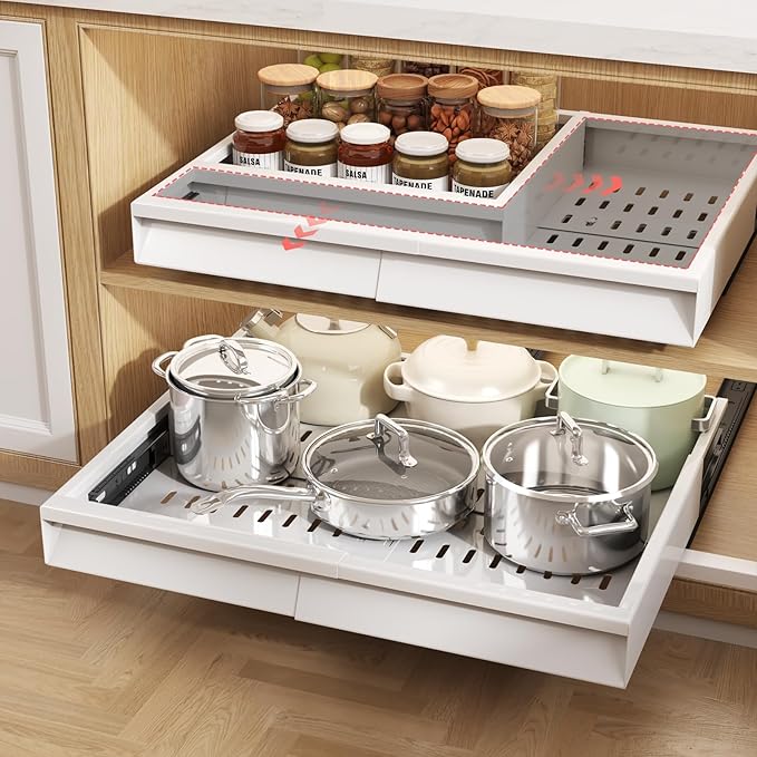 Seinloes 2 Pack Pull Out Cabinet Organizer With Raising Pad for Framed Cabinets,Expandable Width (13"-21") and Depth (13"-17"),3 Slide Rails Slide Out Drawers with Handle,No-Drill Roll Out Shelf,White