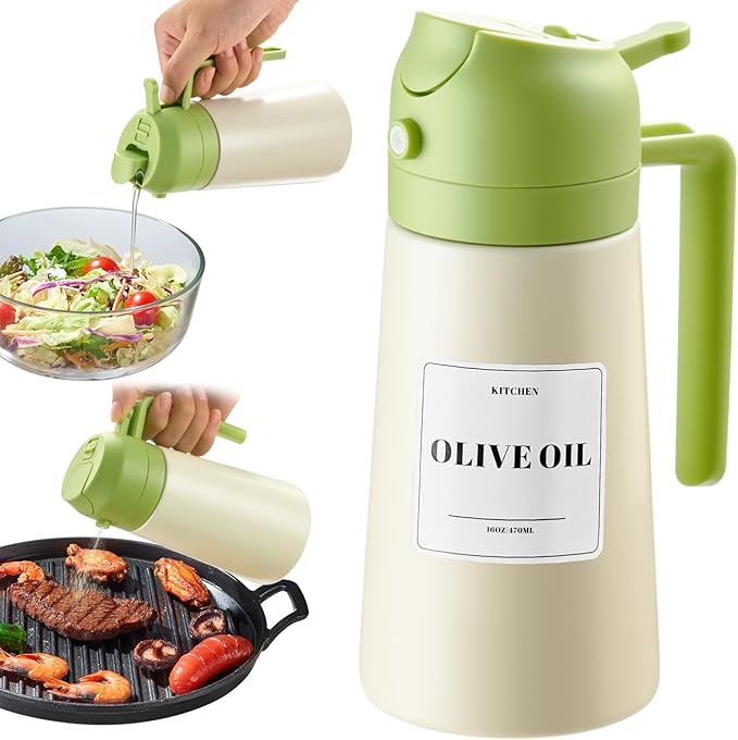 Baalaka Oil Sprayer for Cooking, Olive Oil Dispenser Bottle for Kitchen, 2 in 1 oil dispenser and oil sprayer, Stainless Steel Oil Bottles for Kitchen, Air Fryer BBQ Salad Baking (Green 16oz/470 ml)