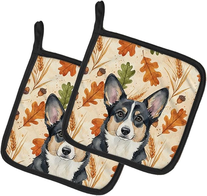 Caroline's Treasures Black and White Cardigan Welsh Corgi Heirloom Fall Pair of Pot Holders Pair 7.5x7.5 Quilted Insulated Hot Pads Decorative Kitchen Gift Made in USA