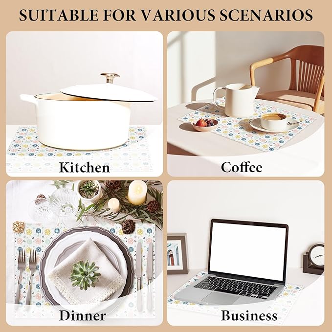 Cotton Linen Waterproof Placemats Set of 4, Boho Floral Dining Mat Table Mats Decor Fabric for Kitchen Dinner Coffee Shop Table, Indoor/Outdoor Washable Wipeable Placemat -N034
