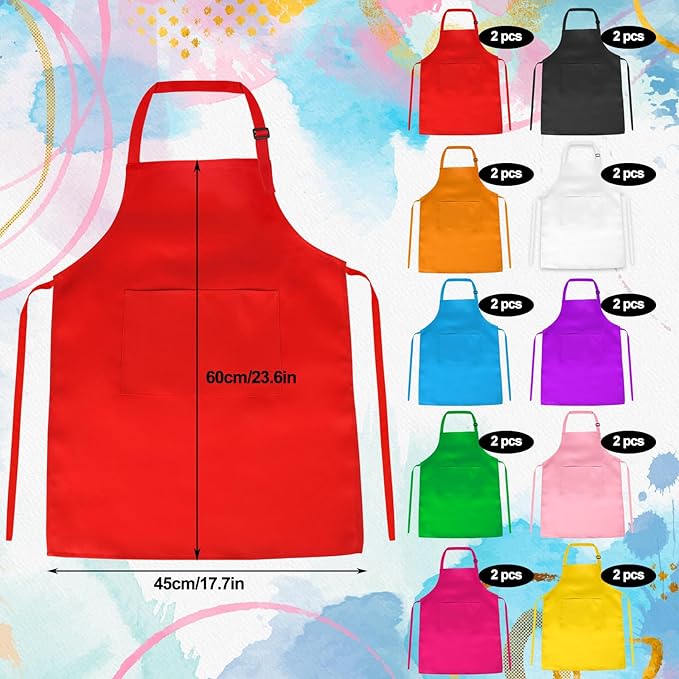 PLULON 20 Pcs Kids Aprons with 2 Pockets Painting Aprons for Kids Aprons Bulk, Paint Apron Adjustable Children Chef Aprons for Girls Boys Painting Baking Cooking Crafting - Multicolor