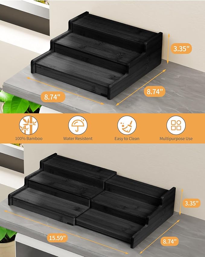VenDotbi Spice Rack, 3-Tier Expandable Bamboo Spice Rack Organizer for Cabinet - Kitchen, Pantry and Cupboard Storage Organizer-Black