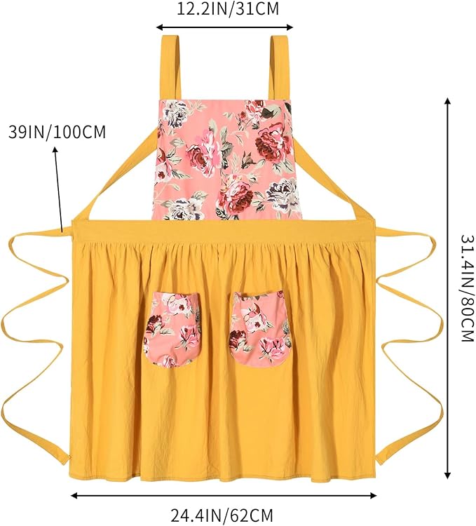 Pinknoke Vintage Pinafore Apron Dress for Women with Pockets Cute Floral Chef Aprons for Kitchen Cooking Baking Gardening