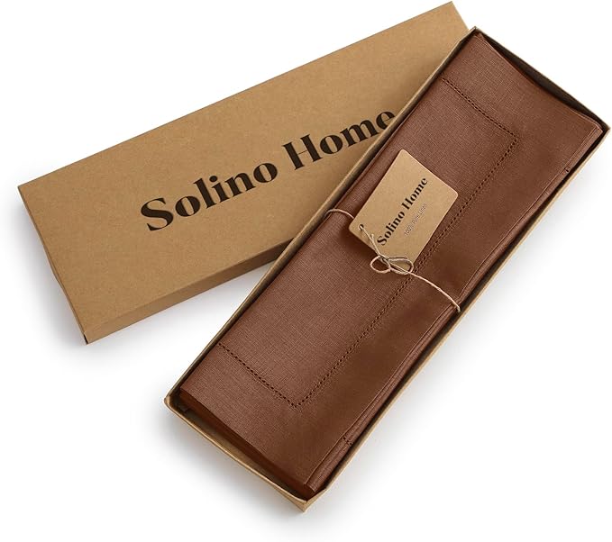 Solino Home Linen Placemats Set of 4 - Classic Hemstitch Brown Placemats 14 x 19 Inch - 100% Pure Linen Table Mats for Mothers Day