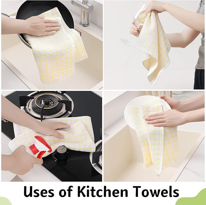 Homaxy 100% Cotton Kitchen Towels 4 Pack-15 X 25 Inches, Check Design Waffle Weave Hand Tea Towels, Super Soft and Absorbent Dish Towel for Drying Dishes, Yellow