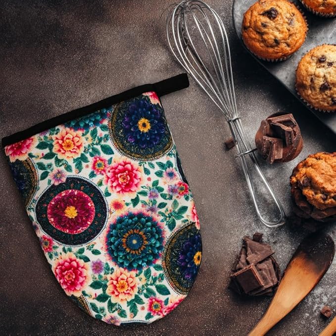 Boho Floral Oven Mitts, High Heat Resistant Kitchen Oven Gloves, Mini Silicone Oven Mitts, Non-Slip Grip Surfaces and Hanging Loop for Grilling, Baking, Cooking and Microwave, Gift
