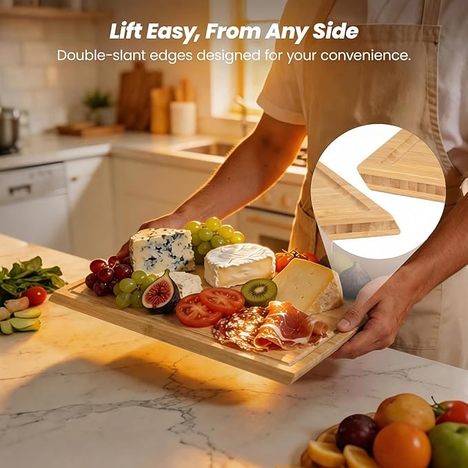 Bamboo Cutting Board Set of 3, Durable Wooden Chopping Boards with Distinctive Stand & Juice Grooves, Ideal for Meat, Vegetables, Fruit, Charcuterie Prep & Serving, Kitchen Gifts for Mom, Natural