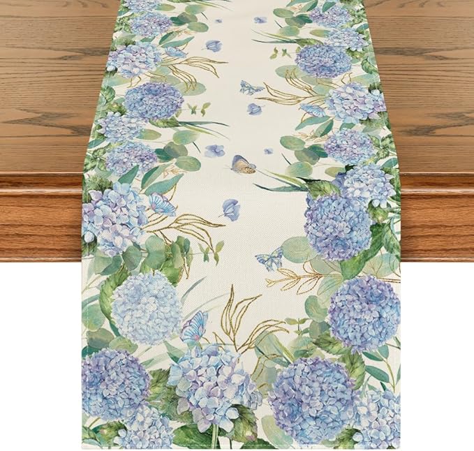 Artoid Mode Hydrangea Wildflowers Flower 210 GSM Summer Table Runner, Seasonal Spring Kitchen Dining Table Decoration for Home Party Decor 13x48 Inch
